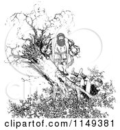 Clipart Of A Retro Vintage Black And White Man Watching Another In A Falling Tree Royalty Free Vector Illustration
