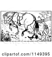 Clipart Of A Retro Vintage Black And White Man Falling Off Of A Horse Royalty Free Vector Illustration