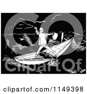 Clipart Of A Retro Vintage Black And White Man In A Split Boat Royalty Free Vector Illustration