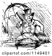 Clipart Of A Retro Vintage Black And White Man Sitting In The Rain Under An Umbrella Royalty Free Vector Illustration