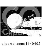 Clipart Of A Retro Vintage Black And White Man Rolling A Giant Snowball Royalty Free Vector Illustration