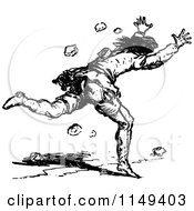 Clipart Of A Retro Vintage Black And White Man Running Away From Rocks Royalty Free Vector Illustration