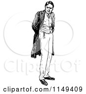 Clipart Of A Retro Vintage Black And White Man Adjusting His Coat Royalty Free Vector Illustration