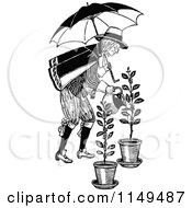 Poster, Art Print Of Retro Vintage Black And White Man With Umbrella Watering Plants