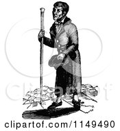 Clipart Of A Retro Vintage Black And White Man With A Stick Royalty Free Vector Illustration