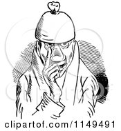 Clipart Of A Retro Vintage Black And White Man Holding A Finger By His Nose Royalty Free Vector Illustration