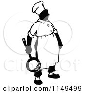 Clipart Of A Retro Vintage Black And White Chef Carrying A Frying Pan Royalty Free Vector Illustration