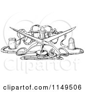 Clipart Of A Retro Vintage Black And White Tiny Man With Scissors And Thread Royalty Free Vector Illustration