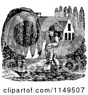 Clipart Of A Retro Vintage Black And White Gardener Digging Royalty Free Vector Illustration