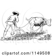 Clipart Of A Retro Vintage Black And White Farmer And Cow Ploughing Royalty Free Vector Illustration