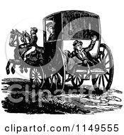 Clipart Of A Retro Vintage Black And White Footman And Horse Drawn Carriage Royalty Free Vector Illustration