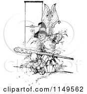 Clipart Of A Retro Vintage Black And White Scarecrow And Evil Flying Monkey Royalty Free Vector Illustration
