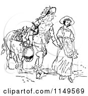 Poster, Art Print Of Retro Vintage Black And White Couple Holding Hands And Leading A Horse