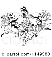 Clipart Of A Retro Vintage Black And White Butterfly Over Milkweed Royalty Free Vector Illustration