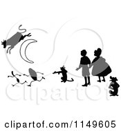 Poster, Art Print Of Retro Vintage Black And White Kids With A Cat Fiddle Silver Spoon And Cow Jumping Over The Moon