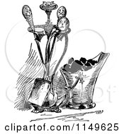 Clipart Of A Retro Vintage Black And White Coal Bucket And Fireplace Tools Royalty Free Vector Illustration