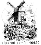 Clipart Of A Retro Vintage Black And White Windmill And Workers Royalty Free Vector Illustration