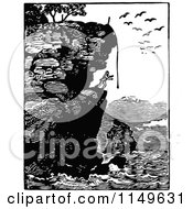 Clipart Of A Retro Vintage Black And White Man On A Coastal Cliff Royalty Free Vector Illustration