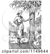 Clipart Of A Retro Vintage Black And White Explorer Woman Reading A Note On A Tree Royalty Free Vector Illustration