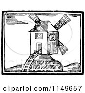 Clipart Of A Retro Vintage Black And White Windmill On A Hill Royalty Free Vector Illustration