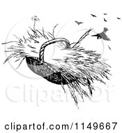 Clipart Of A Retro Vintage Black And White Hay Basket And Birds Royalty Free Vector Illustration