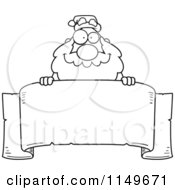 Cartoon Clipart Of A Black And White Santa Looking Over A Blank Banner Vector Outlined Coloring Page