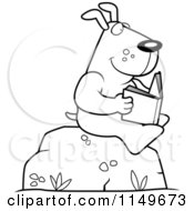 Cartoon Clipart Of A Black And White Dog Reading A Book On A Boulder Vector Outlined Coloring Page