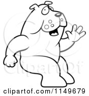 Cartoon Clipart Of A Black And White Friendly Sitting Bulldog Waving Vector Outlined Coloring Page