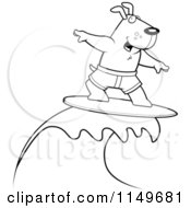 Cartoon Clipart Of A Black And White Surfing Doggy Character Riding A Blue Wave Vector Outlined Coloring Page