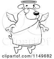 Cartoon Clipart Of A Black And White Floating Angel Dog Vector Outlined Coloring Page