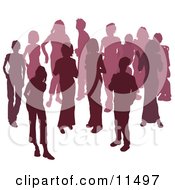 Two Women Chatting Among A Crowd Of Silhouetted Purple People Clipart Illustration