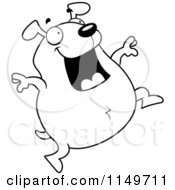 Cartoon Clipart Of A Black And White Chubby Dog Jumping Vector Outlined Coloring Page