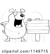 Cartoon Clipart Of A Black And White Chubby Dog Beside A Blank Sign Vector Outlined Coloring Page