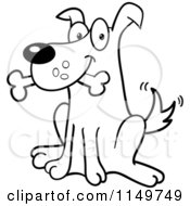 Poster, Art Print Of Black And White Happy Sitting Dog With A Bone In His Mouth