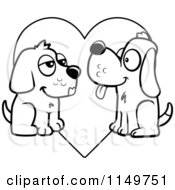 Cartoon Clipart Of A Black And White Pair Of Dogs In Love Over A Heart Vector Outlined Coloring Page
