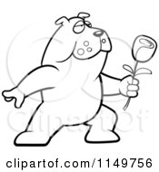 Cartoon Clipart Of A Black And White Romantic Bulldog Holding Out A Rose Vector Outlined Coloring Page