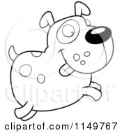 Cartoon Clipart Of A Black And White Chubby Spotted Dog Jumping Vector Outlined Coloring Page
