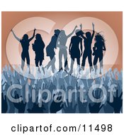 Poster, Art Print Of Blue Group Of Silhouetted Women Raising Their Arms And Celebrating On Stage At A Concert