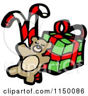 Cartoon Of A Teddy Bear With Candy Canes And A Christmas Gift Royalty Free Vector Clipart