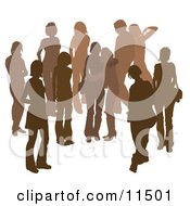 Poster, Art Print Of Brown Group Of Silhouetted People Hanging Out In A Crowd Two Friends Embracing In The Middle