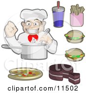 Male Chef Cooking Surrounded By Soda Fries Cheeseburgers Cake And Piza