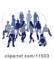 Blue Group Of Silhouetted People In A Crowd Clipart Illustration