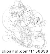 Poster, Art Print Of Outlined Reindeer Snowman And Santa Riding Downhill In A Sleigh