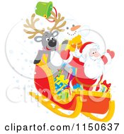 Poster, Art Print Of Reindeer Snowman And Santa Riding Downhill In A Sleigh