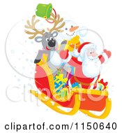 Poster, Art Print Of Reindeer Snowman And Santa Riding Downhill In A Sleigh 2