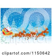 Cartoon Of Santa And Reindeer With The Sleigh In The Snow Royalty Free Clipart