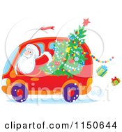 Poster, Art Print Of Santa Waving And Driving A Van With A Christmas Tree