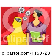 Cartoon Of A Female Psychologist With Gears And A Model Royalty Free Vector Clipart