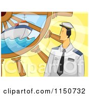 Cartoon Of A Sailor With A Ship And Helm Royalty Free Vector Clipart