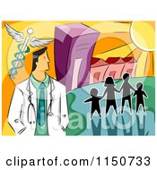 Cartoon Of A Silhouetted Family And A Doctor With A Caduceus By A Hospital Royalty Free Vector Clipart